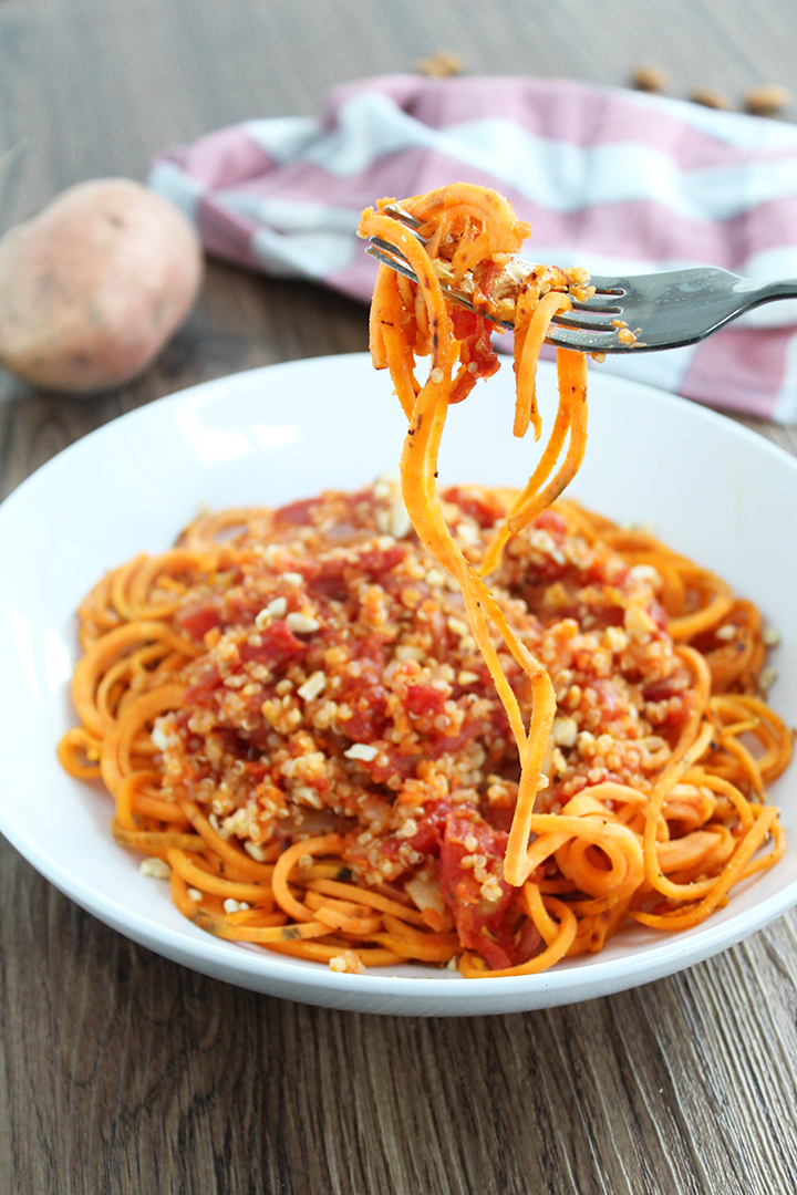 Quinoa Sweet Potato Noodle Bolognese with Toasted Crushed Almonds inspiralized.com