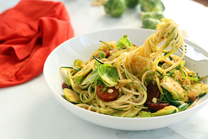 Shaved Brussel Sprout and Chorizo Zucchini Pasta with Toasted Pine Nuts