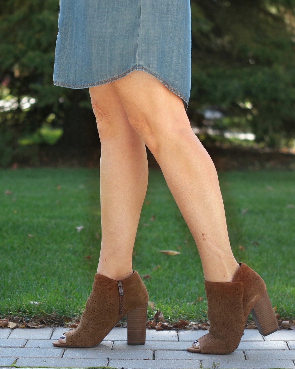 Find the latest Fall Shoe Trends at DSW! Loving these Jessica Simpson Kymber Peep Toe Booties in Cognac. Pair with dresses, jeans and skirts. How much do you love this block heel suede bootie? via @SoChicLife