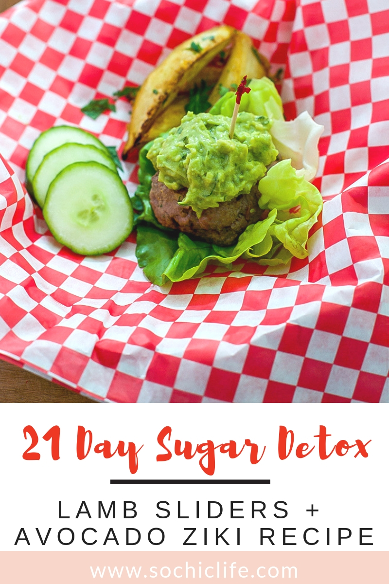 Lamb Sliders with Avocado Ziki Recipe: Transform a basic burger using ground lamb! One of my favorite recipes from 21 Day Sugar Detox. Fire up the grill! 