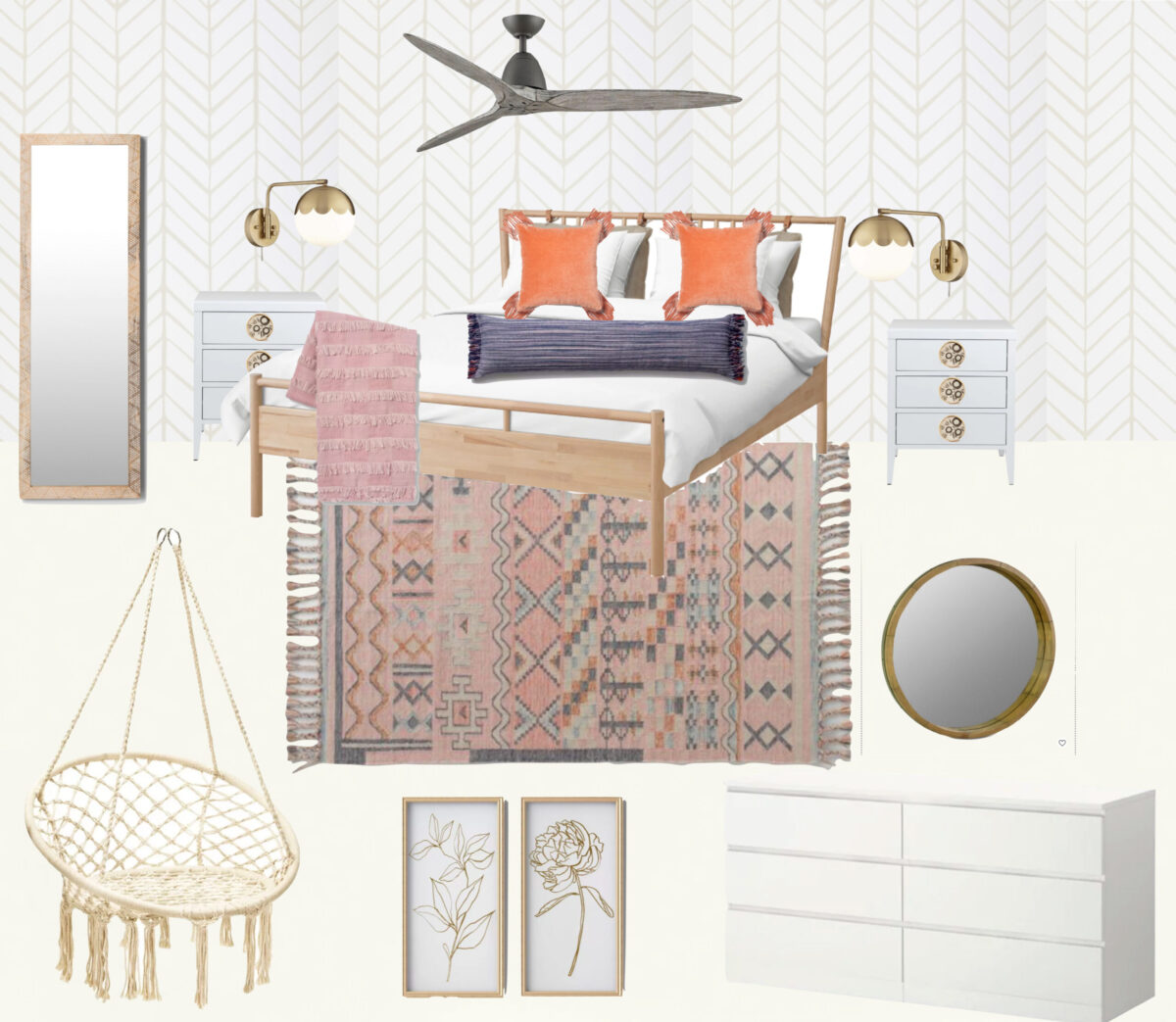 Boho Teen Girl Bedroom Design Mood Board